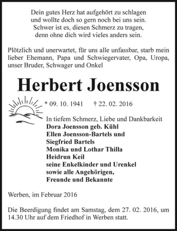 Traueranzeige von Herbert Joensson  von Magdeburger Volksstimme