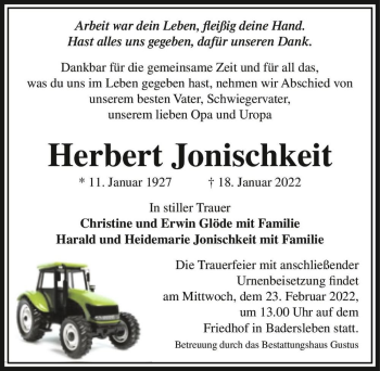 Traueranzeige von Herbert Jonischkeit  von Magdeburger Volksstimme