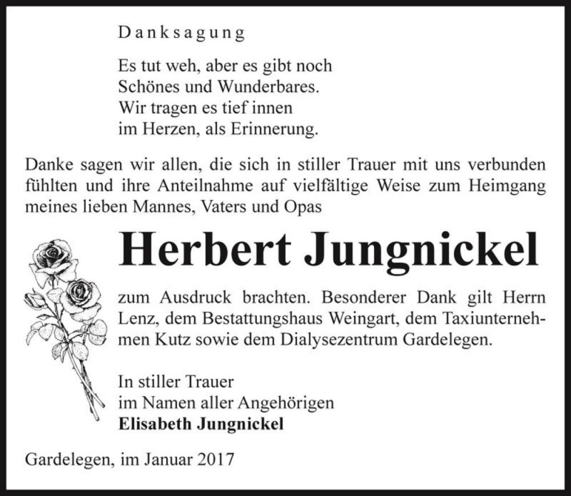  Traueranzeige für Herbert Jungnickel  vom 26.01.2017 aus Magdeburger Volksstimme