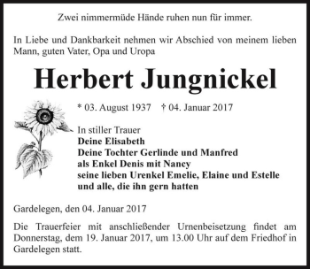 Traueranzeige von Herbert Jungnickel  von Magdeburger Volksstimme