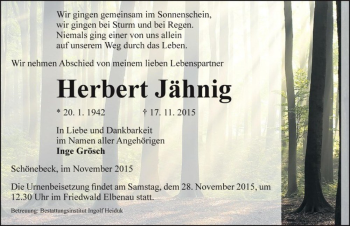 Traueranzeige von Herbert Jähnig  von Magdeburger Volksstimme