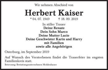 Traueranzeige von Herbert Kaiser  von Magdeburger Volksstimme
