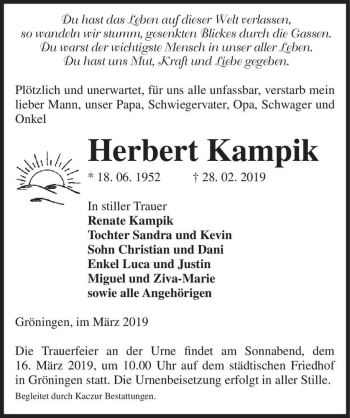 Traueranzeige von Herbert Kampik  von Magdeburger Volksstimme