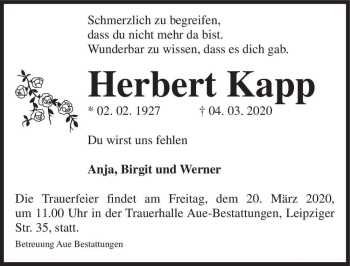 Traueranzeige von Herbert Kapp  von Magdeburger Volksstimme