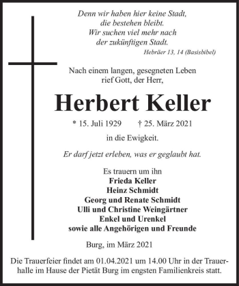 Traueranzeige von Herbert Keller  von Magdeburger Volksstimme