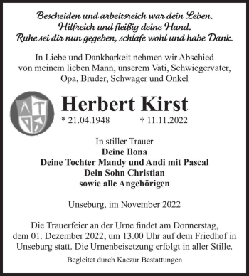 Traueranzeige von Herbert Kirst  von Magdeburger Volksstimme