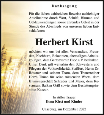 Traueranzeige von Herbert Kirst  von Magdeburger Volksstimme