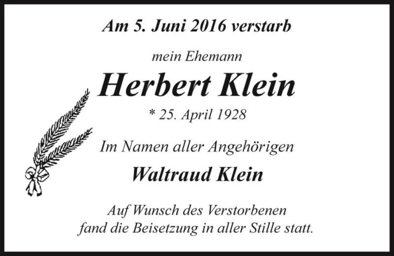  Traueranzeige für Herbert Klein  vom 02.07.2016 aus Magdeburger Volksstimme