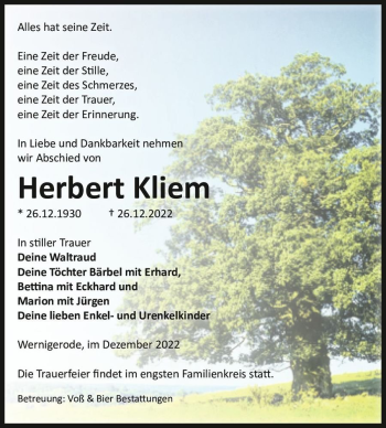 Traueranzeige von Herbert Kliem  von Magdeburger Volksstimme