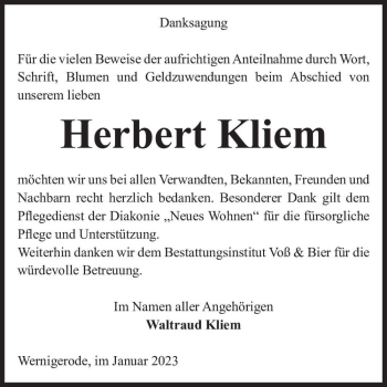 Traueranzeige von Herbert Kliem  von Magdeburger Volksstimme