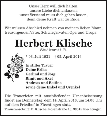 Traueranzeige von Herbert Klische  von Magdeburger Volksstimme