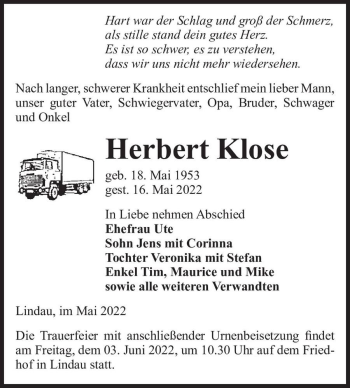 Traueranzeige von Herbert Klose  von Magdeburger Volksstimme