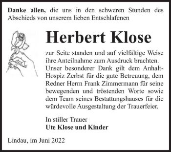Traueranzeige von Herbert Klose  von Magdeburger Volksstimme