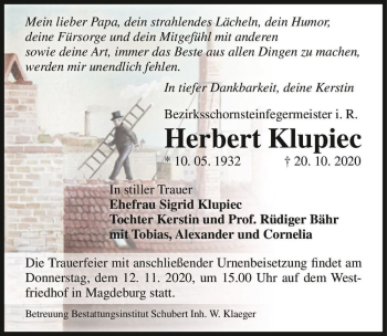 Traueranzeige von Herbert Klupiec  von Magdeburger Volksstimme