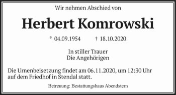 Traueranzeige von Herbert Komrowski  von Magdeburger Volksstimme