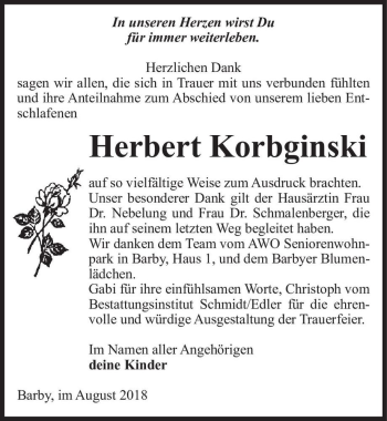 Traueranzeige von Herbert Korbginski  von Magdeburger Volksstimme