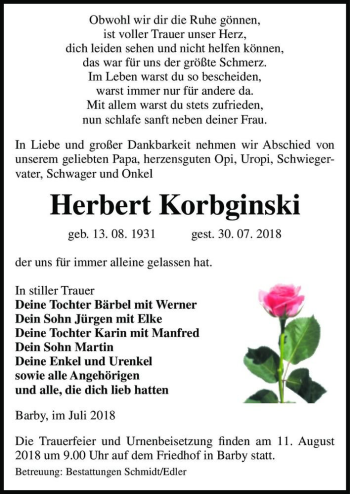 Traueranzeige von Herbert Korbginski  von Magdeburger Volksstimme