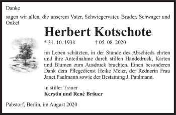 Traueranzeige von Herbert Kotschote  von Magdeburger Volksstimme