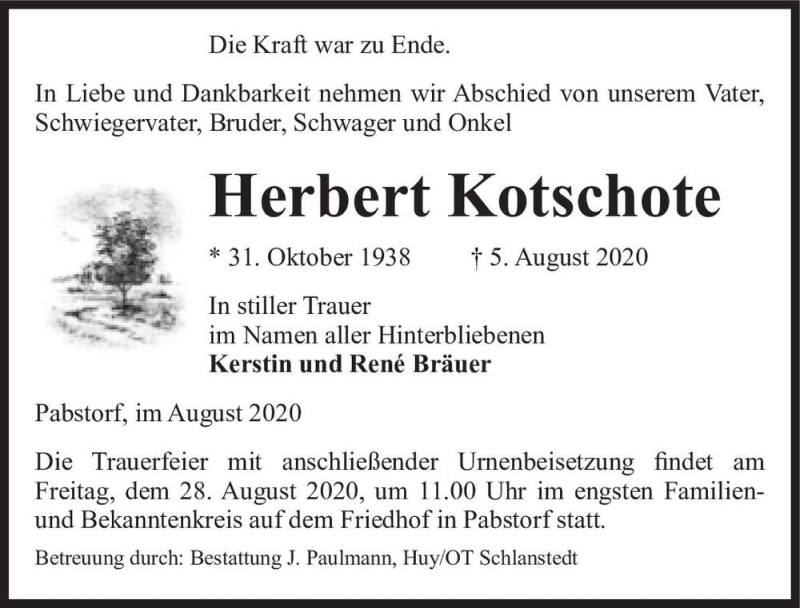  Traueranzeige für Herbert Kotschote  vom 15.08.2020 aus Magdeburger Volksstimme