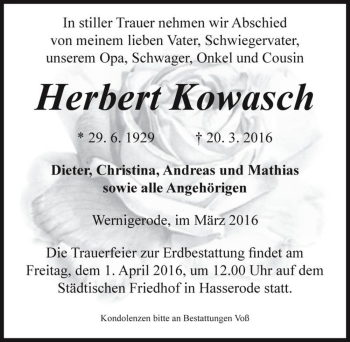 Traueranzeige von Herbert Kowasch  von Magdeburger Volksstimme