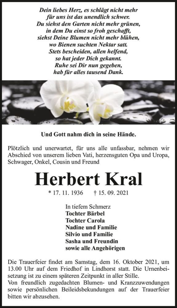  Traueranzeige für Herbert Kral  vom 09.10.2021 aus Magdeburger Volksstimme