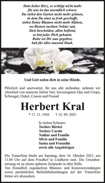 Traueranzeige von Herbert Kral  von Magdeburger Volksstimme