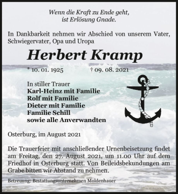 Traueranzeige von Herbert Kramp  von Magdeburger Volksstimme