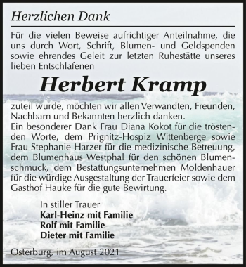 Traueranzeige von Herbert Kramp  von Magdeburger Volksstimme