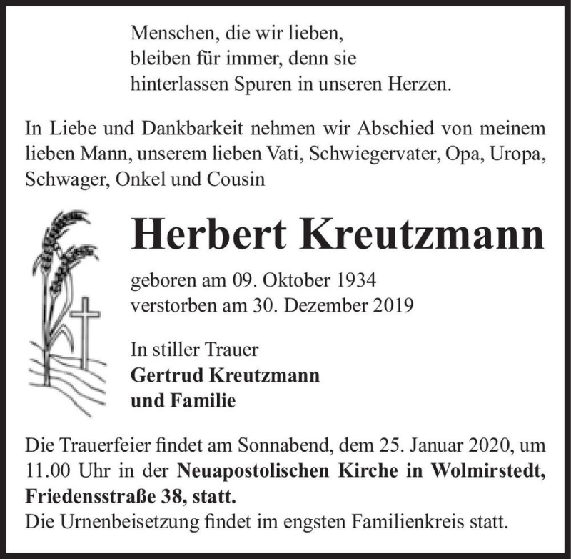  Traueranzeige für Herbert Kreutzmann  vom 18.01.2020 aus Magdeburger Volksstimme