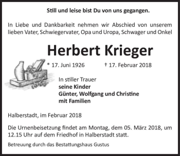 Traueranzeige von Herbert Krieger  von Magdeburger Volksstimme
