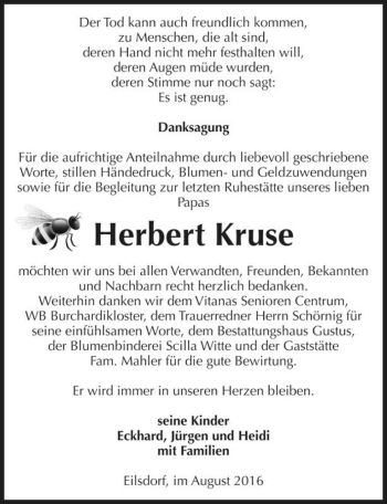 Traueranzeige von Herbert Kruse  von Magdeburger Volksstimme