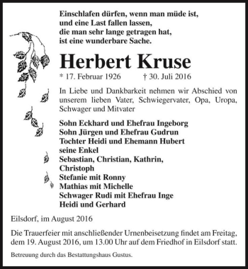 Traueranzeige von Herbert Kruse  von Magdeburger Volksstimme