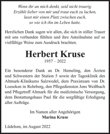 Traueranzeige von Herbert Kruse  von Magdeburger Volksstimme
