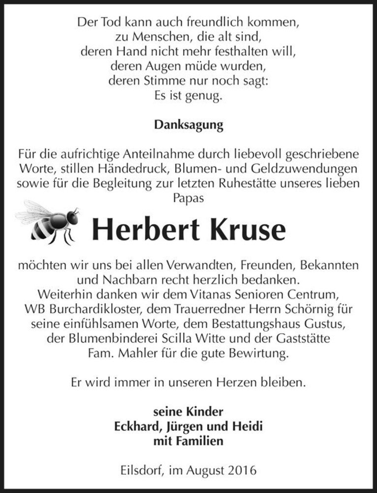  Traueranzeige für Herbert Kruse  vom 27.08.2016 aus Magdeburger Volksstimme