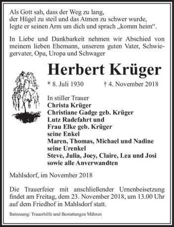 Traueranzeige von Herbert Krüger  von Magdeburger Volksstimme