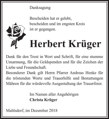Traueranzeige von Herbert Krüger  von Magdeburger Volksstimme
