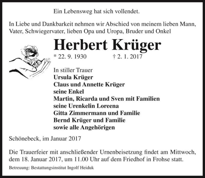  Traueranzeige für Herbert Krüger  vom 10.01.2017 aus Magdeburger Volksstimme