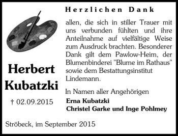 Traueranzeige von Herbert Kubatzki  von Magdeburger Volksstimme