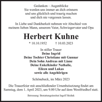 Traueranzeige von Herbert Kuhne  von Magdeburger Volksstimme