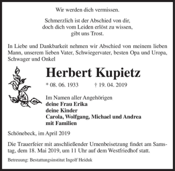 Traueranzeige von Herbert Kupietz  von Magdeburger Volksstimme