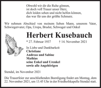 Traueranzeige von Herbert Kusebauch  von Magdeburger Volksstimme