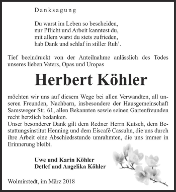 Traueranzeige von Herbert Köhler  von Magdeburger Volksstimme