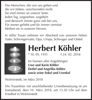 Traueranzeige von Herbert Köhler  von Magdeburger Volksstimme