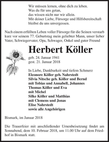 Traueranzeige von Herbert Köller  von Magdeburger Volksstimme