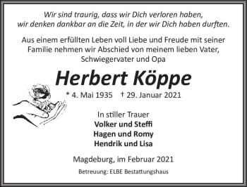 Traueranzeige von Herbert Köppe  von Magdeburger Volksstimme