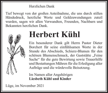 Traueranzeige von Herbert Kühl  von Magdeburger Volksstimme