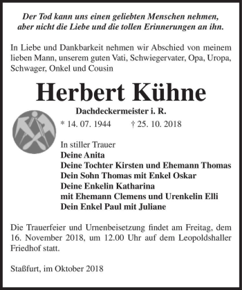 Traueranzeige von Herbert Kühne  von Magdeburger Volksstimme