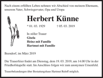 Traueranzeige von Herbert Künne  von Magdeburger Volksstimme