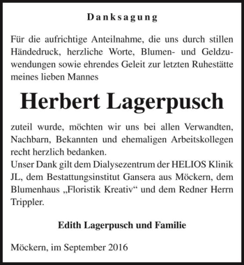 Traueranzeige von Herbert Lagerpusch  von Magdeburger Volksstimme