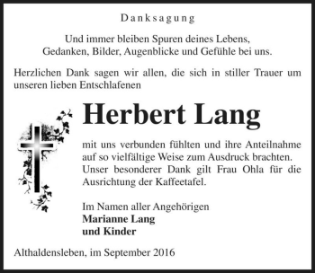Traueranzeige von Herbert Lang  von Magdeburger Volksstimme
